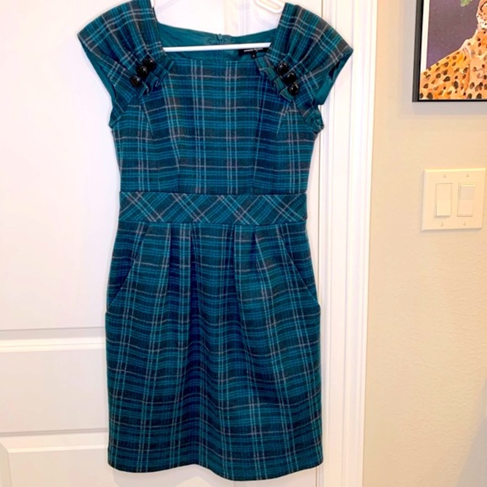Nanette Lepore Teal Wool Plaid Retro Sheath Dress Size 4
